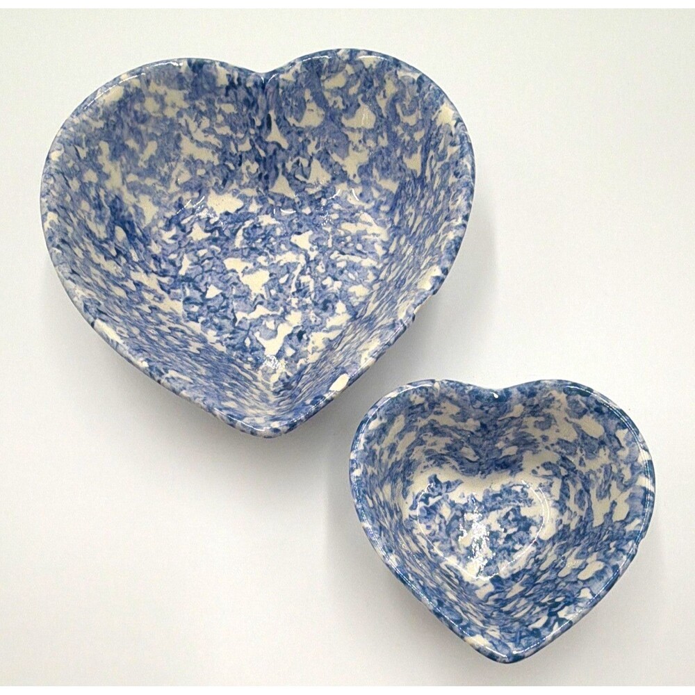 Blue and White Spongeware / Spatterware Heart-Shaped Ceramic Nesting Bowls